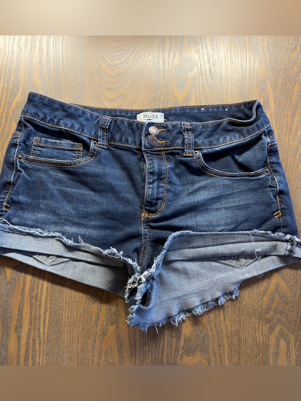 Mudd FLX Stretch Denim Shorts Women’s Size 13 Dark Wash Cuffed Frayed Hem Shorts